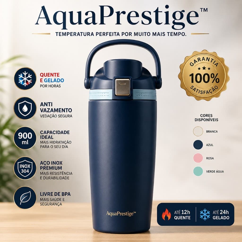 Garrafa Térmica Inox 900ml com Alça Anti Vazamento Mantém Quente e Gelado Livre de BPA | AquaPrestige™