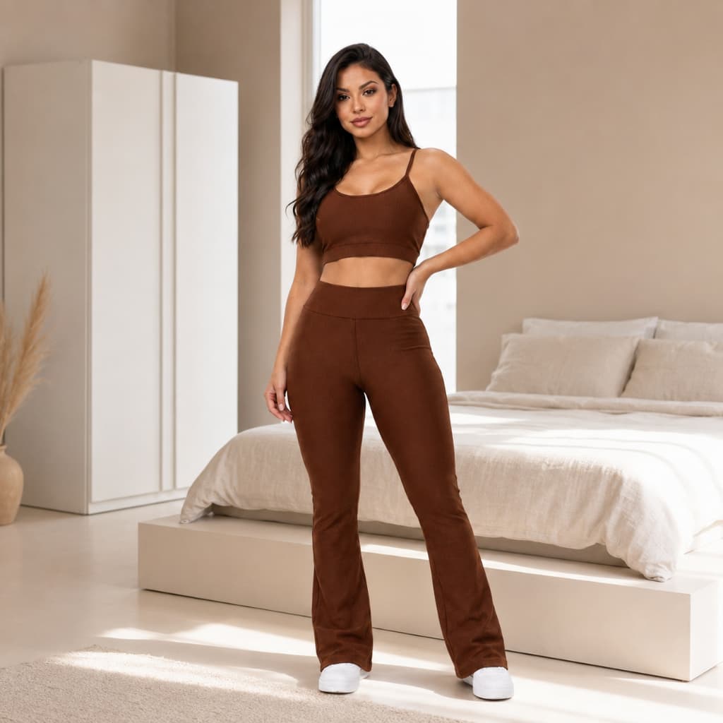 Conjunto Fitness Treino Perfeito Feminino Marrom Top E Calça Legging Flare Para Academia