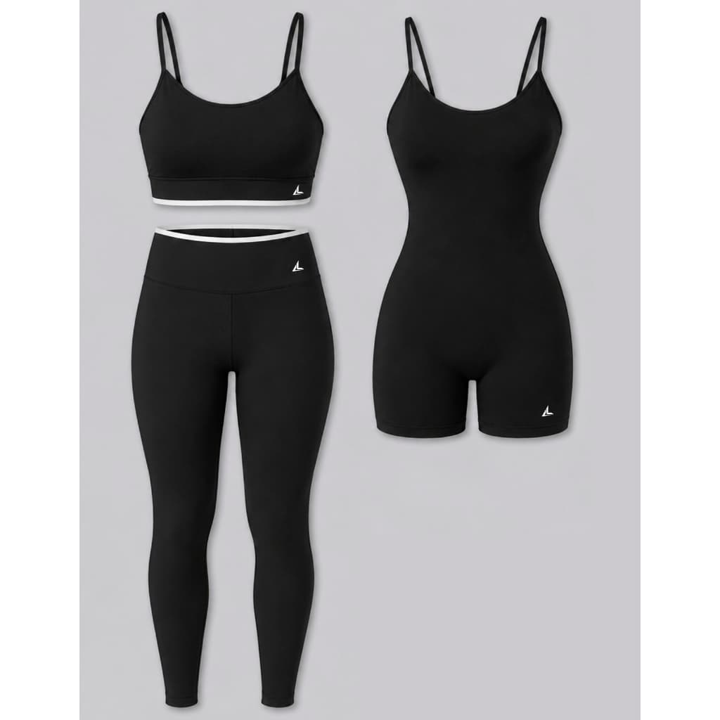 Kit 3 Peças Roupa Academia Conjunto Feminino Fitness Top Alça + Calça Legging + Macaquinho Fitness Básico Zero Transparê