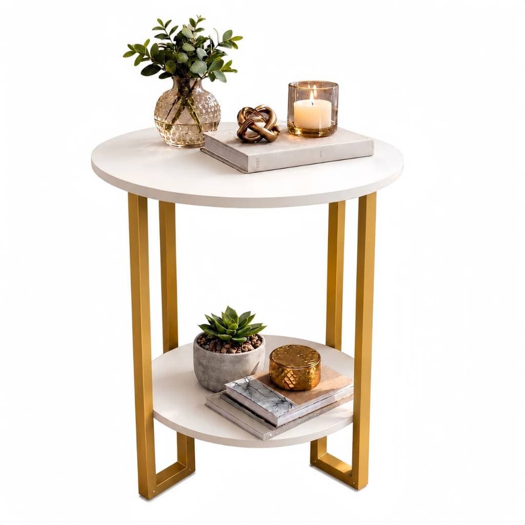 Mesa Apoio Redonda 2 Tampos MDF com Pés de Metal Dourado – Mesa de Apoio Moderna Sala/Quarto