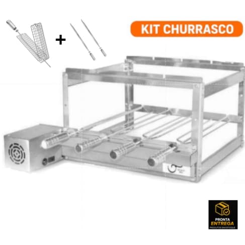 Churrasqueira Gira Grill Elétrico 4 Espetos 100% Inox +  Espeto Grelha + Espeto Espada