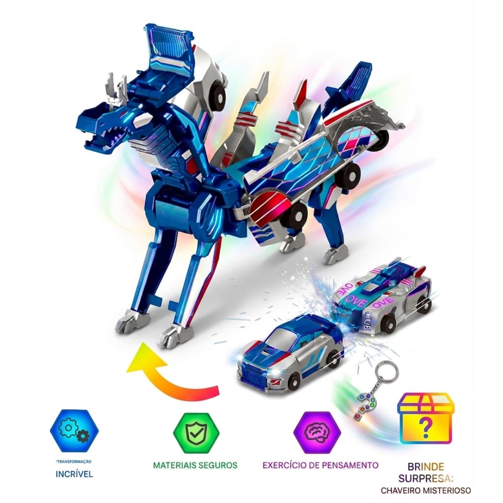 Brinquedo Carrinho Robô Dragão Transformável Colisão Magnética Automático 2 em 1 + BRINDE SURPRESA