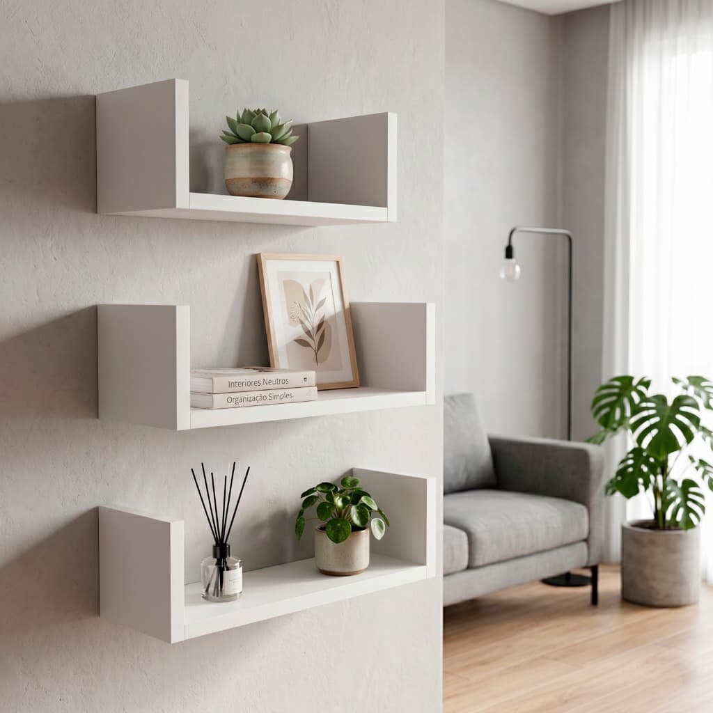 Kit 1, 2 ou 3 Unidades Prateleira em U MDF Branco 15mm 50x15cm Nicho Decorativo de Parede Livros