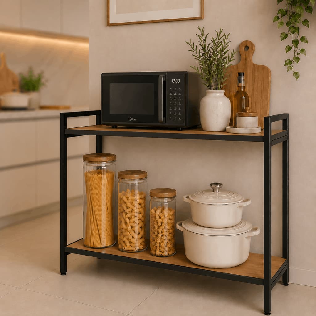 Mesa Lateral Aparador Buffet Canto Café Apoio Sala Decoração Estilo Industrial Prateleira Dupla Sofá Hall de Entrada