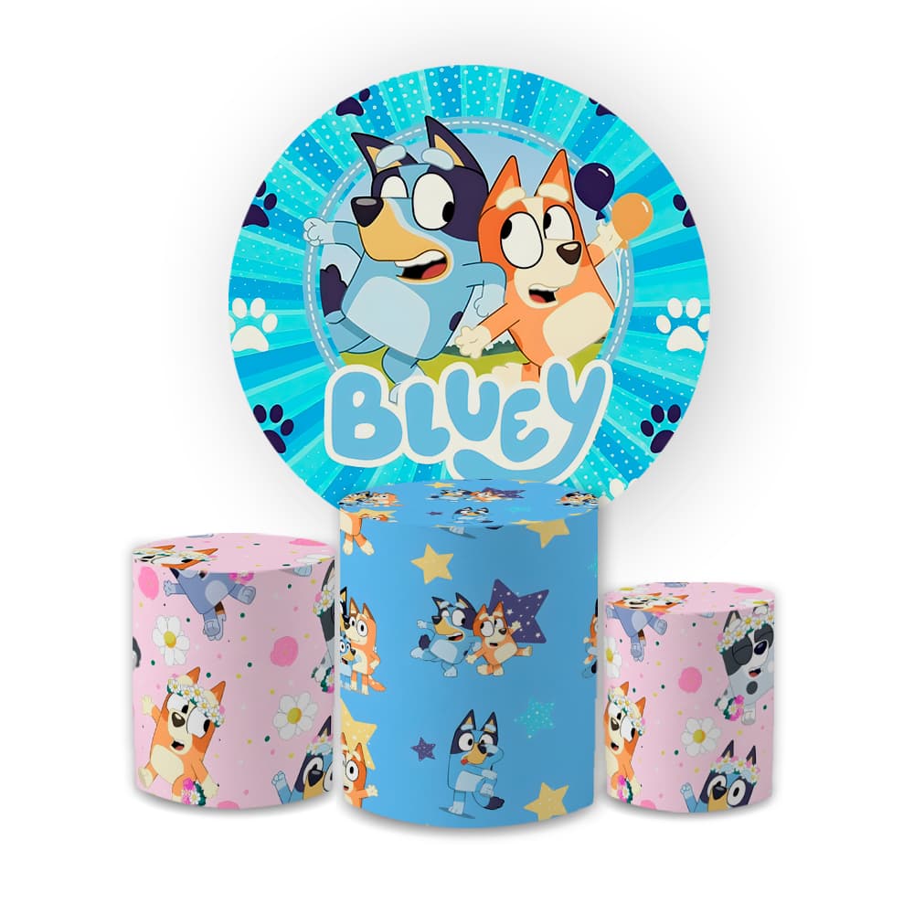 Kit Painel Decorativo + 3 Capas Cilindro Tema Bluey Varios Temas Aniversário Festa