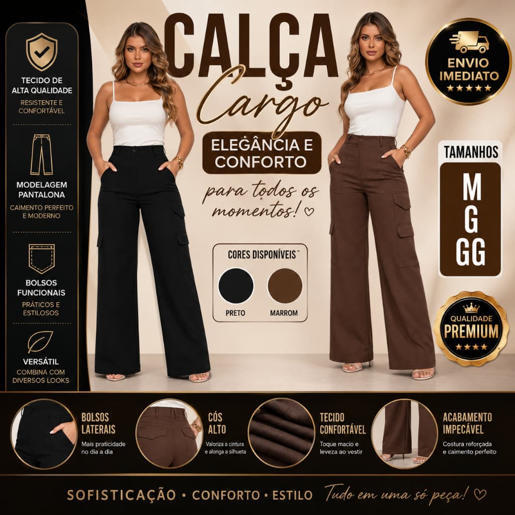 Calça Cargo Feminina Wide Leg Elegante Tecido Premium Confortável M ao GG