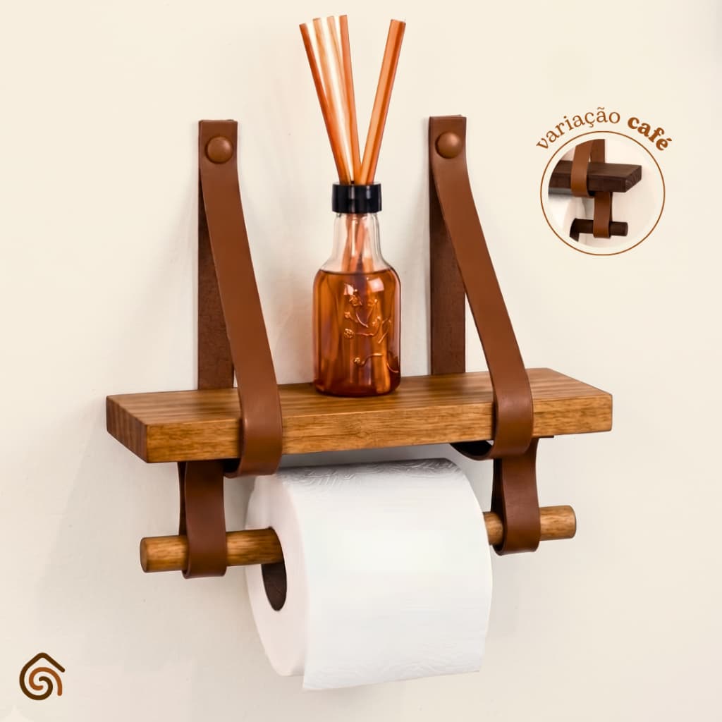Prateleira de Madeira com Alça de Couro Suporte Papel Higiênico com Verniz Banheiro | Casa Madêco