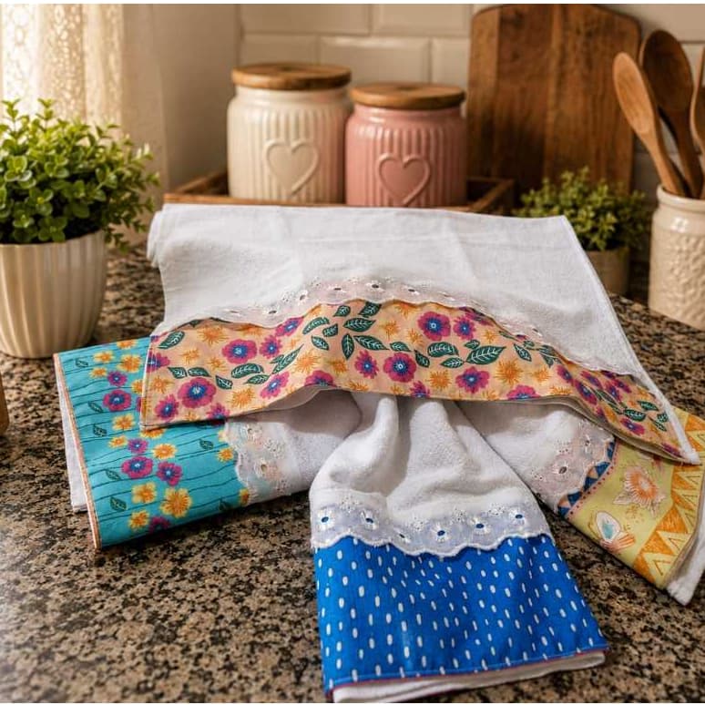Kit Guardanapo Pano de Prato Cozinha com Barrado Estampado