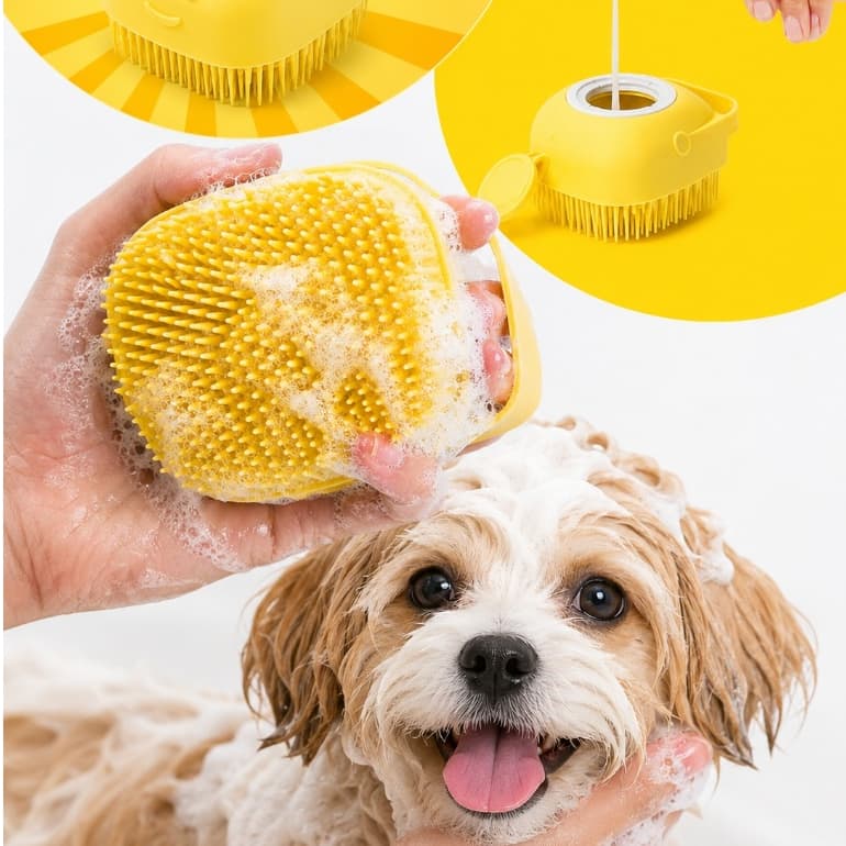 Escova Lava Pelo Pet Escova Banho Cachorro Gato Dispenser Shampoo Amarela