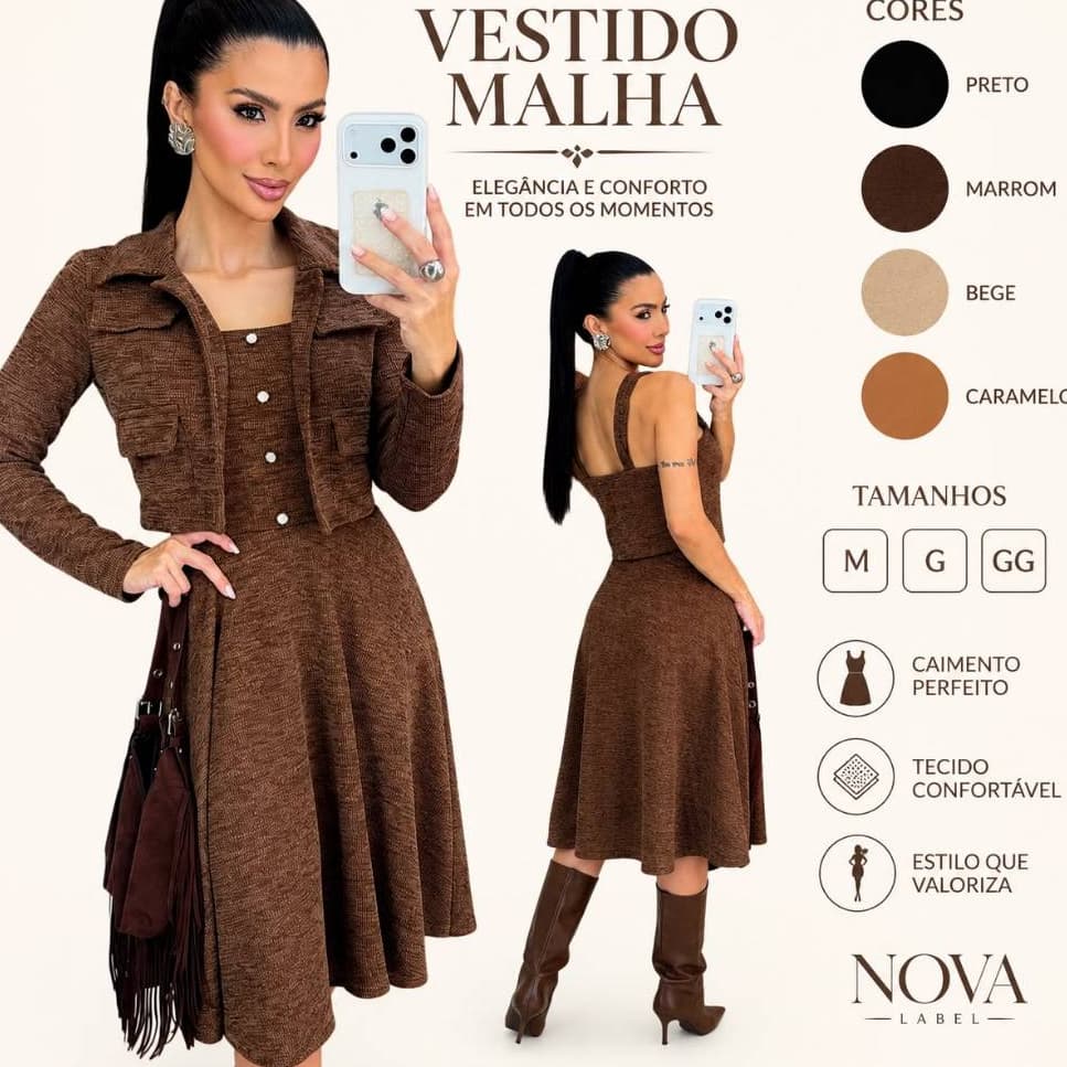 Conjunto Feminino Malha Ribi Midi Elegante com Botões Dourados – Moda Executiva Inverno Outono Luxo Casual Chic
