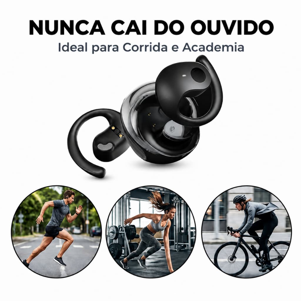 Fone de ouvido TWS ergonômico com gancho auricular Bluetooth 5.4 para esportes