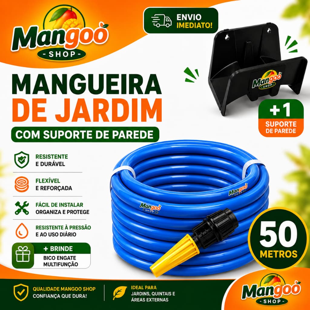 Mangueira Jardim Reforçada Lisa Flexivel de  50 Metros + Enrolador de Mangueira de Parede Preto Brinde