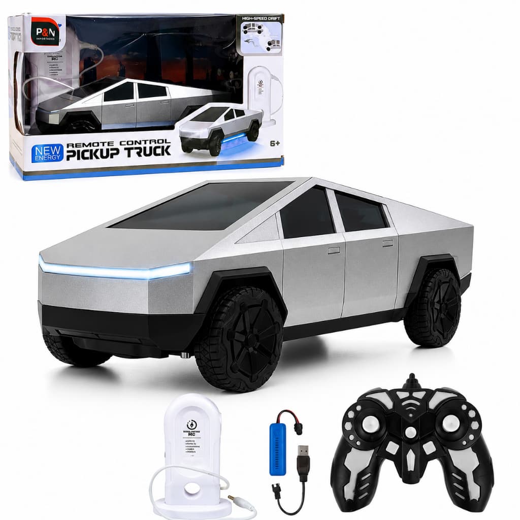 Carrinho de Controle Remoto Tesla Brinquedo Miniatura Cybertruck Recarregável faz Drift Luzes Música