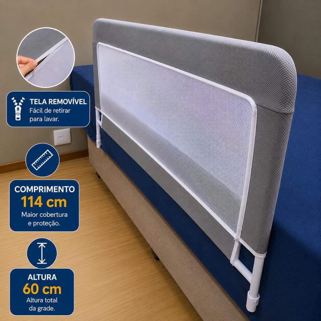 Grade De Cama Com Tela de Segurança Para Bebês Adultos Crianças e Idosos Resistente e Alta