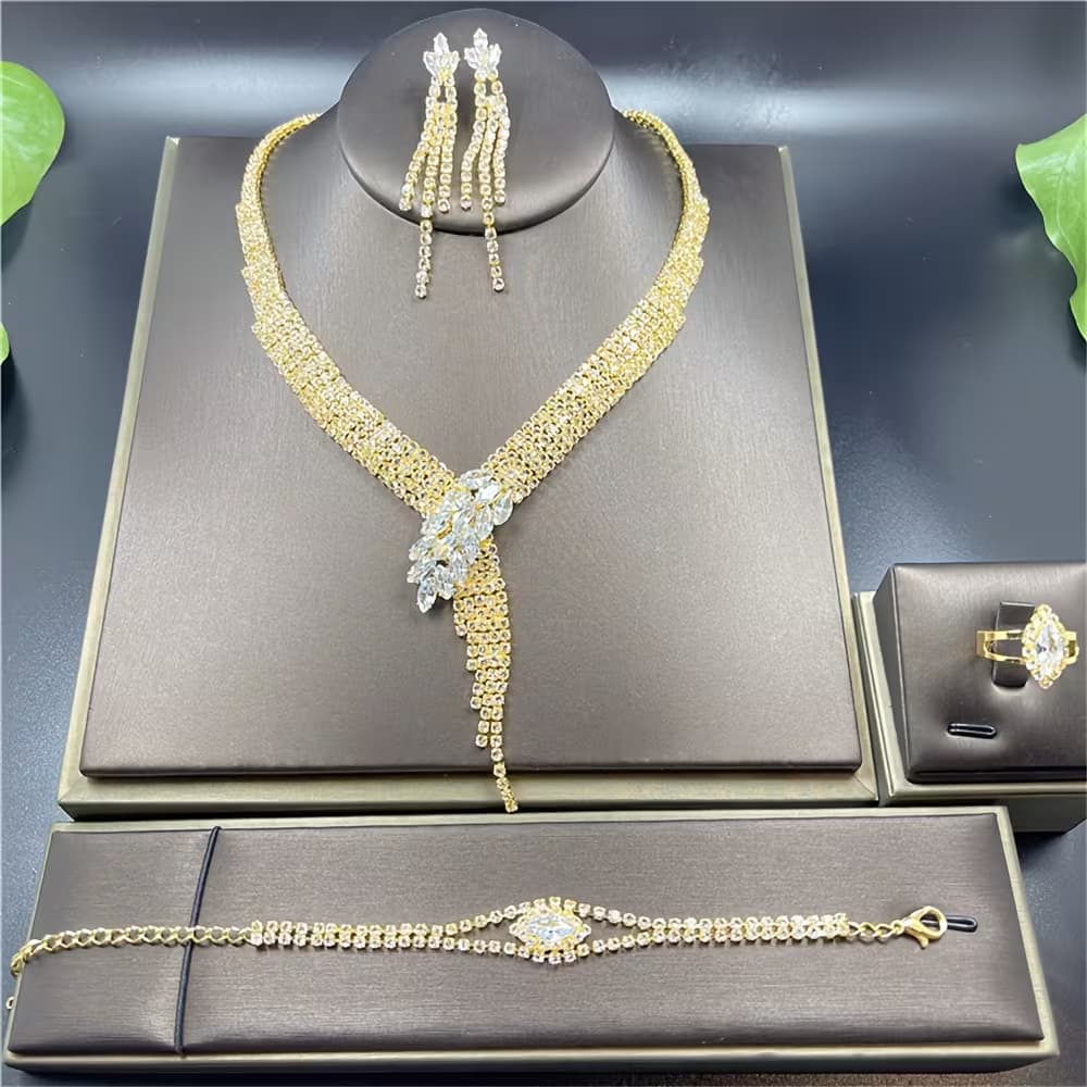 Conjunto de Joias Douradas Elegantes com 4 Peças - Colar com Franja em V, Brincos Pendentes, Pulseira & Anel