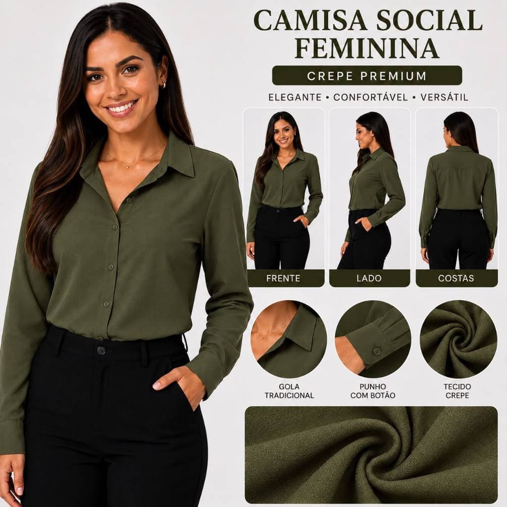 Camisa Social Feminina Crepe Premium Manga Longa Elegante Trabalho Escritório Casual Lisa