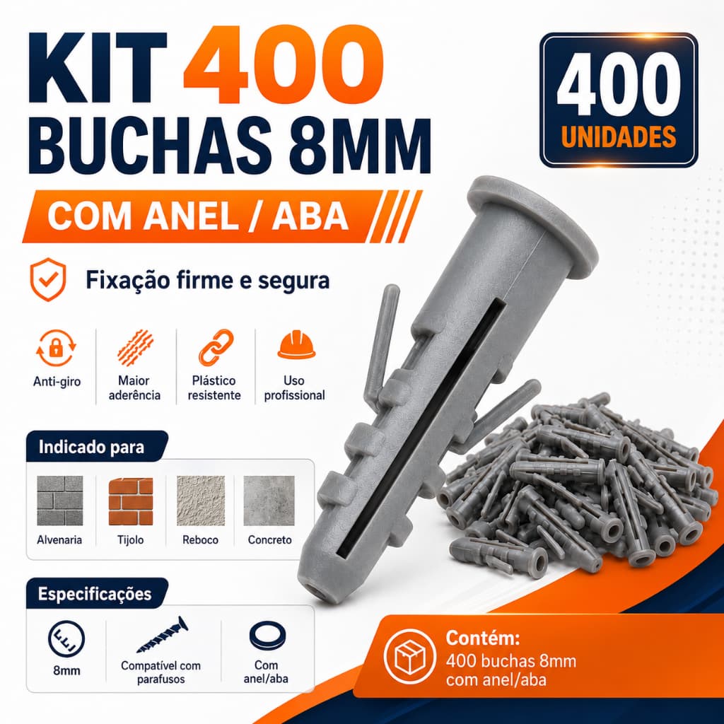 Buchas 8mm com Aba para Parafuso Fixação Segura 400 Peças