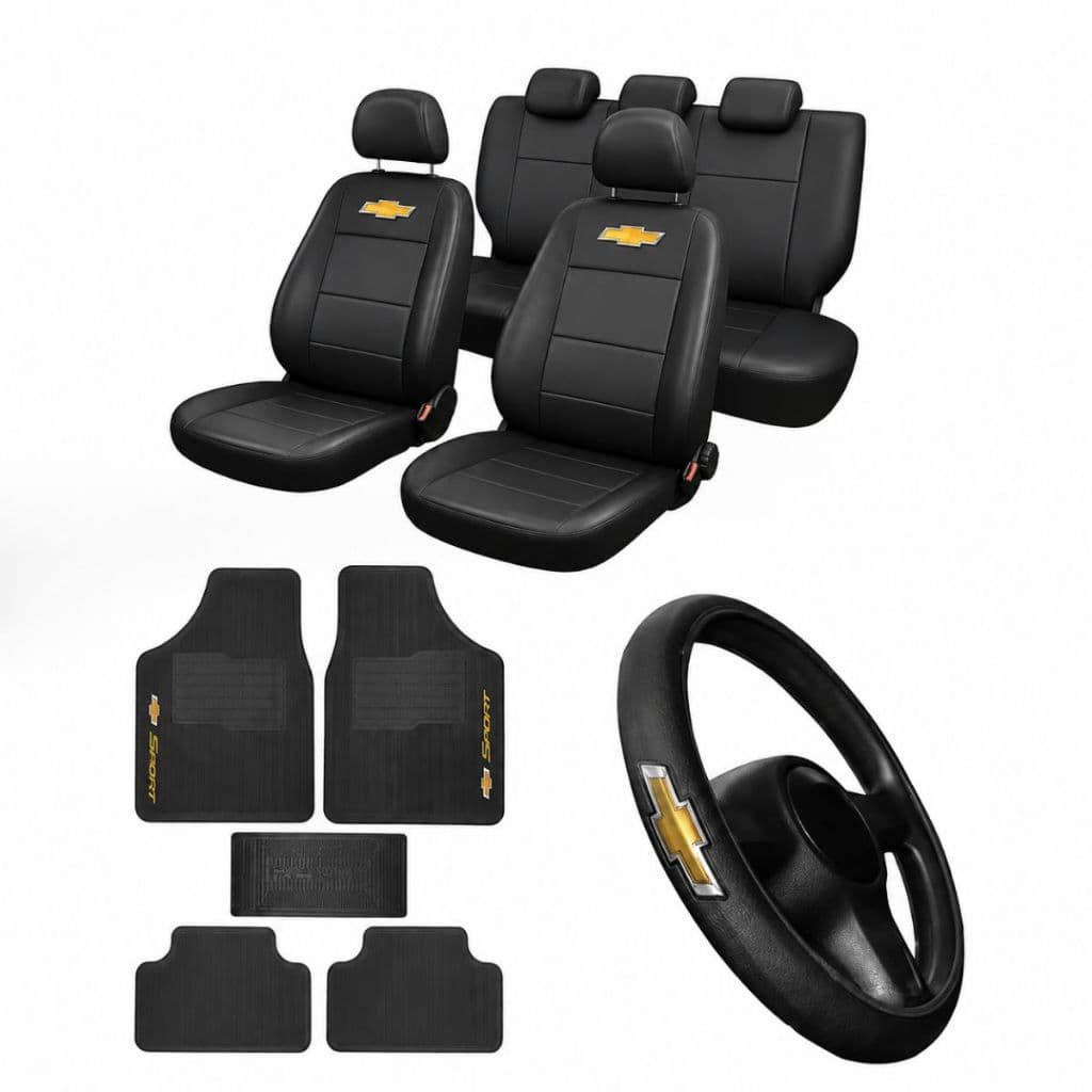 Kit Completo Chevrolet Capa de Banco Couro Sintético Automotivo + Jogo de Tapetes + Capa para Volante Astra Celta Ônix