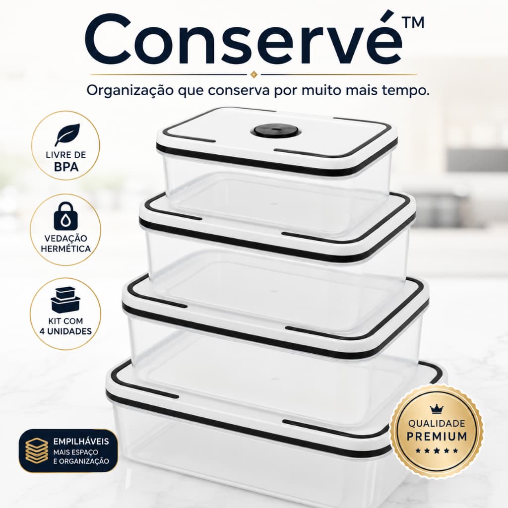 Kit 4 Potes Herméticos para Alimentos BPA Free com Tampa Vedação Hermética Empilháveis Organizador de Cozinha Conservé™
