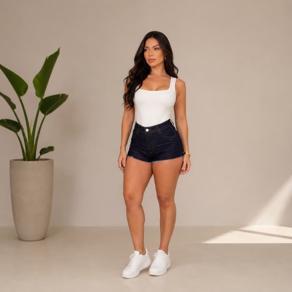 Short Jeans Feminino Cintura Alta Levanta Bumbum Barra Desfiada hot pants