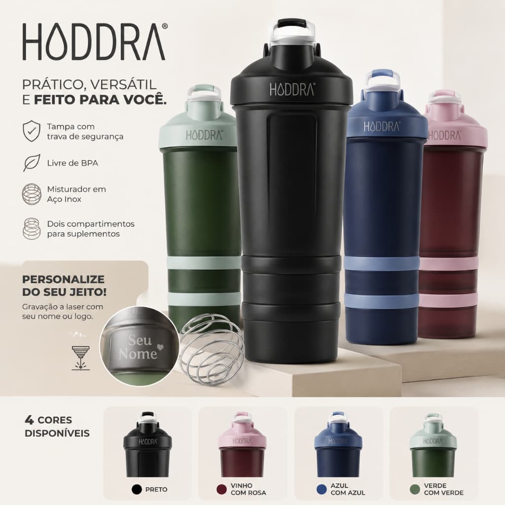 Coqueteleira 500ml com 2 Porta Suplemento Shakeira com Misturador para Whey Protein Academia Fitness