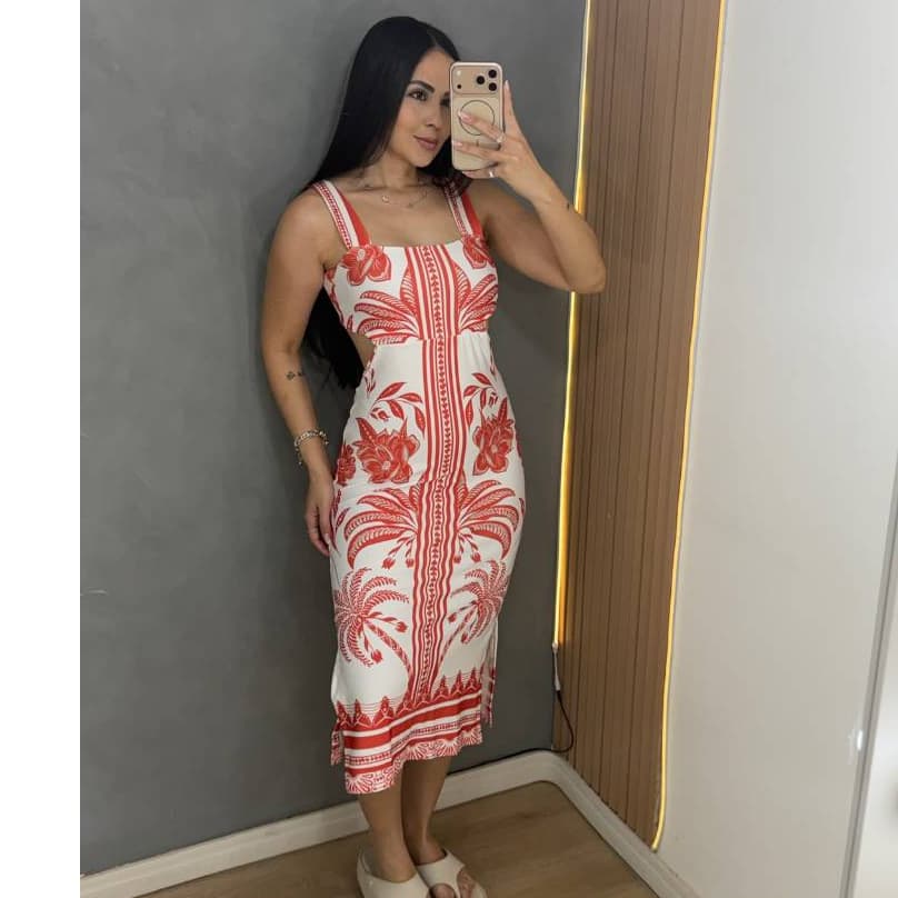 Vestido Feminino Midi Estampado Detalhes De Amarrar Casual Chic Elegante