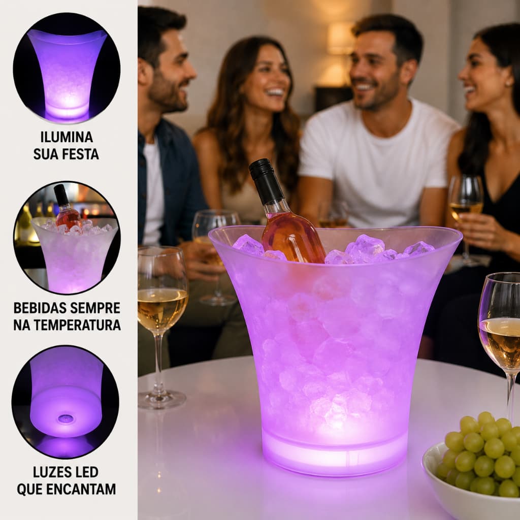 Balde Luminoso Led Som Bluetooth Gelo Festa Drinks Branco Portatil
