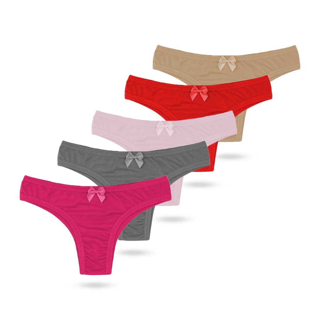 Kit 5 Calcinhas Tanga Feminina Adulto Cós Com Lacinho Cores Sortidas Básica Confortável
