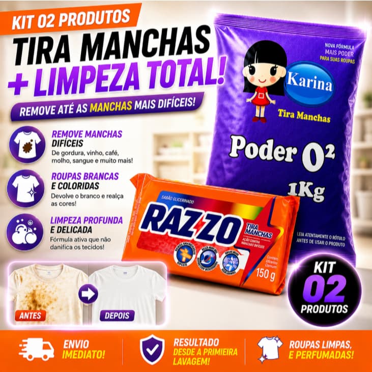 Kit Tira Manchas Poder O2 1Kg + Sabão Glicerinado Razzo 150g Remove Manchas Difíceis e Roupas Limpas