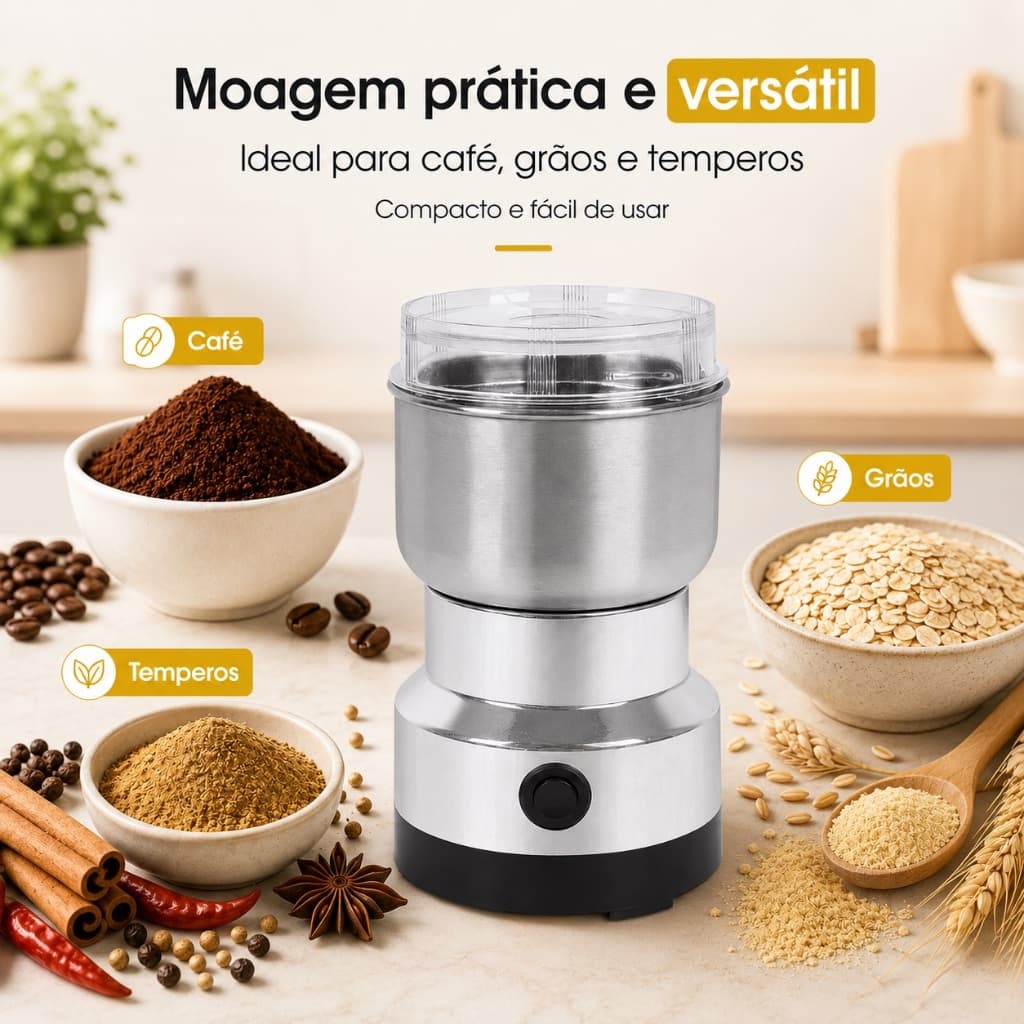 Moedor Elétrico de Café e Grãos 300ml em Aço Inox para Temperos Bivolt