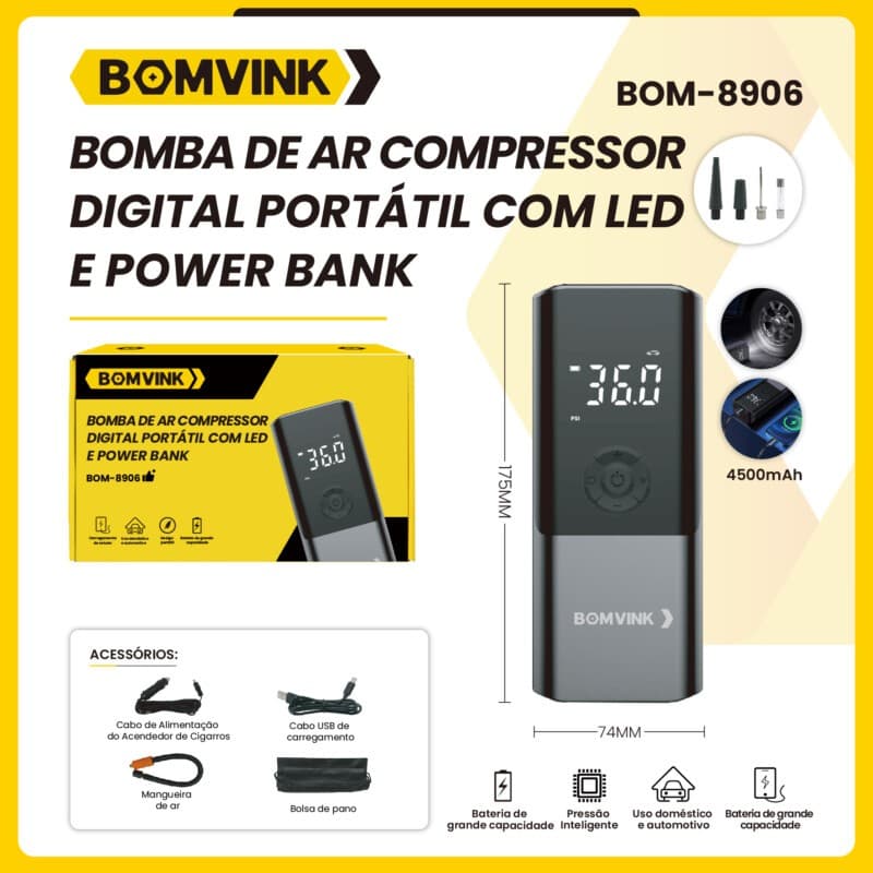 Mini Compressor de Ar 12V 120W Portátil Bomba Elétrica Inflador de Pneus Carro Moto BOM-8906