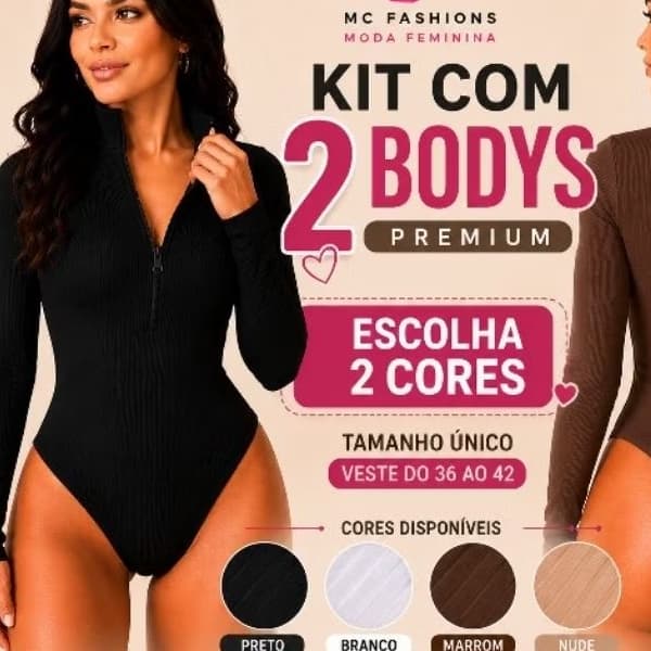 Kit 2 Body Canelado Feminino Premium Gola Alta com Zíper Manga Longa Canelado Escolha as Cores