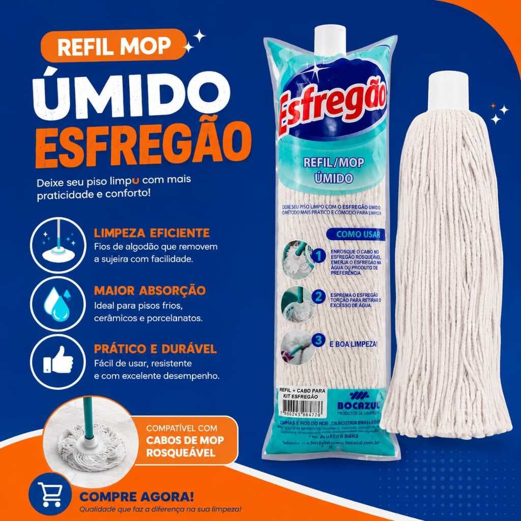 ESFREGAO REFIL MOP ÚMIDO ROSCA ALGODAO 30CM