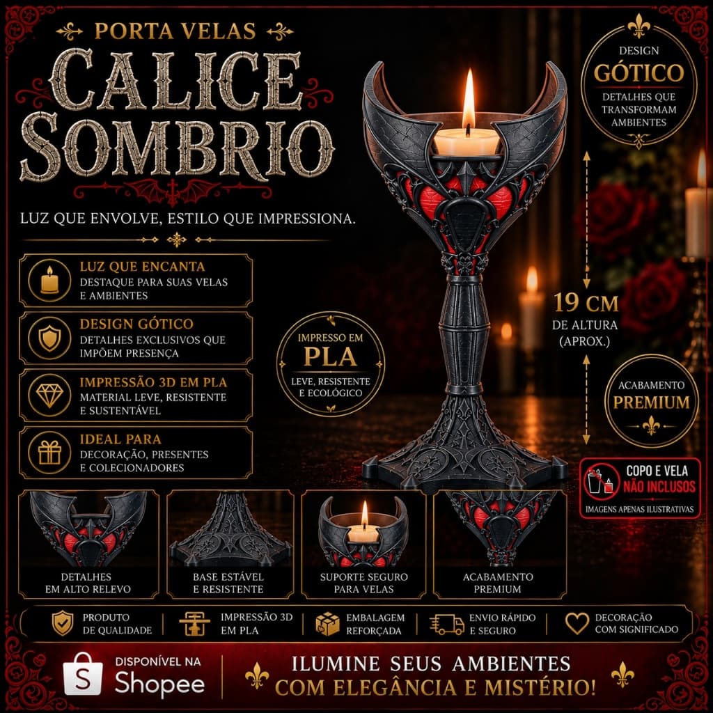 Porta Velas Cálice Sombrio Gótico 19cm Decorativo em PLA Estilo Medieval