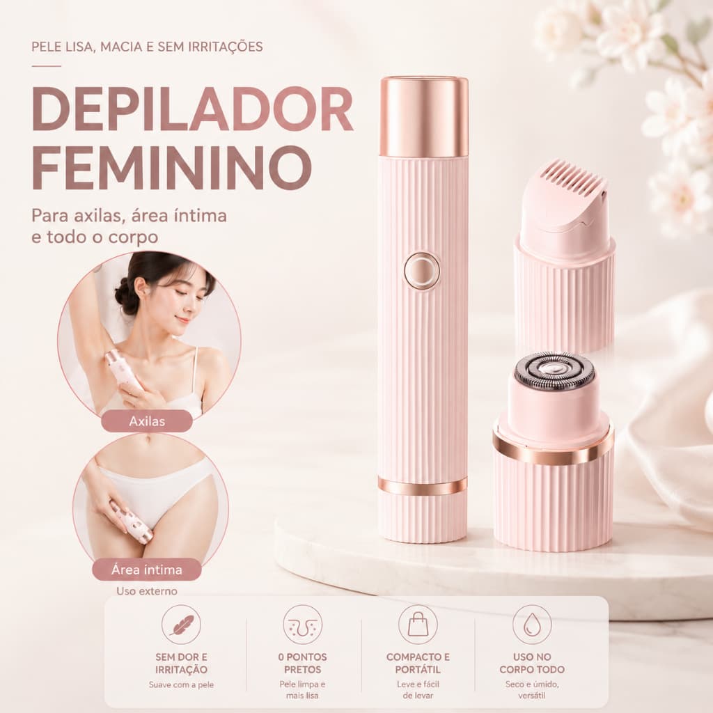 Depilador Elétrico Feminino Sem Fio Recarregável, Depilação Suave e Indolor,Acompanha Cabo de Carga e Escova de Limpeza