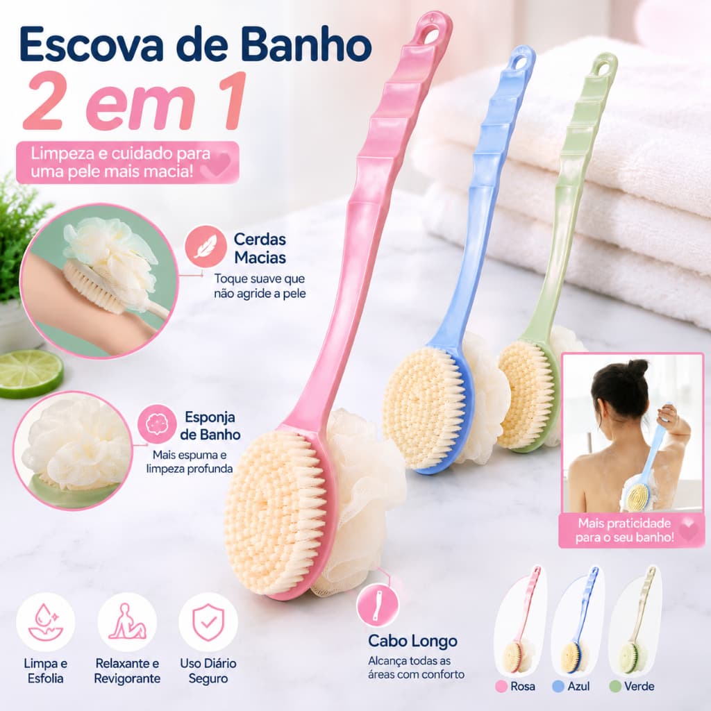Escova Corporal Esfoliante 2 em 1 Cabo Longo 34,5cm com Esponja e Cerdas Macias