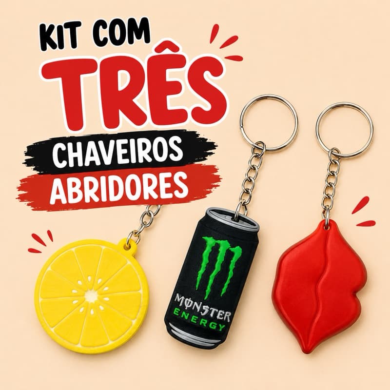 Kit com 3 Chaveiros Abridores de Lata – Limão, Boca Vermelha e Lata de Bebida Energética