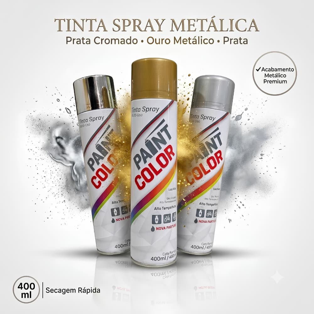 Tinta Spray Metálica Cromada Paint Color 400ml | Prata Ouro e Cromado