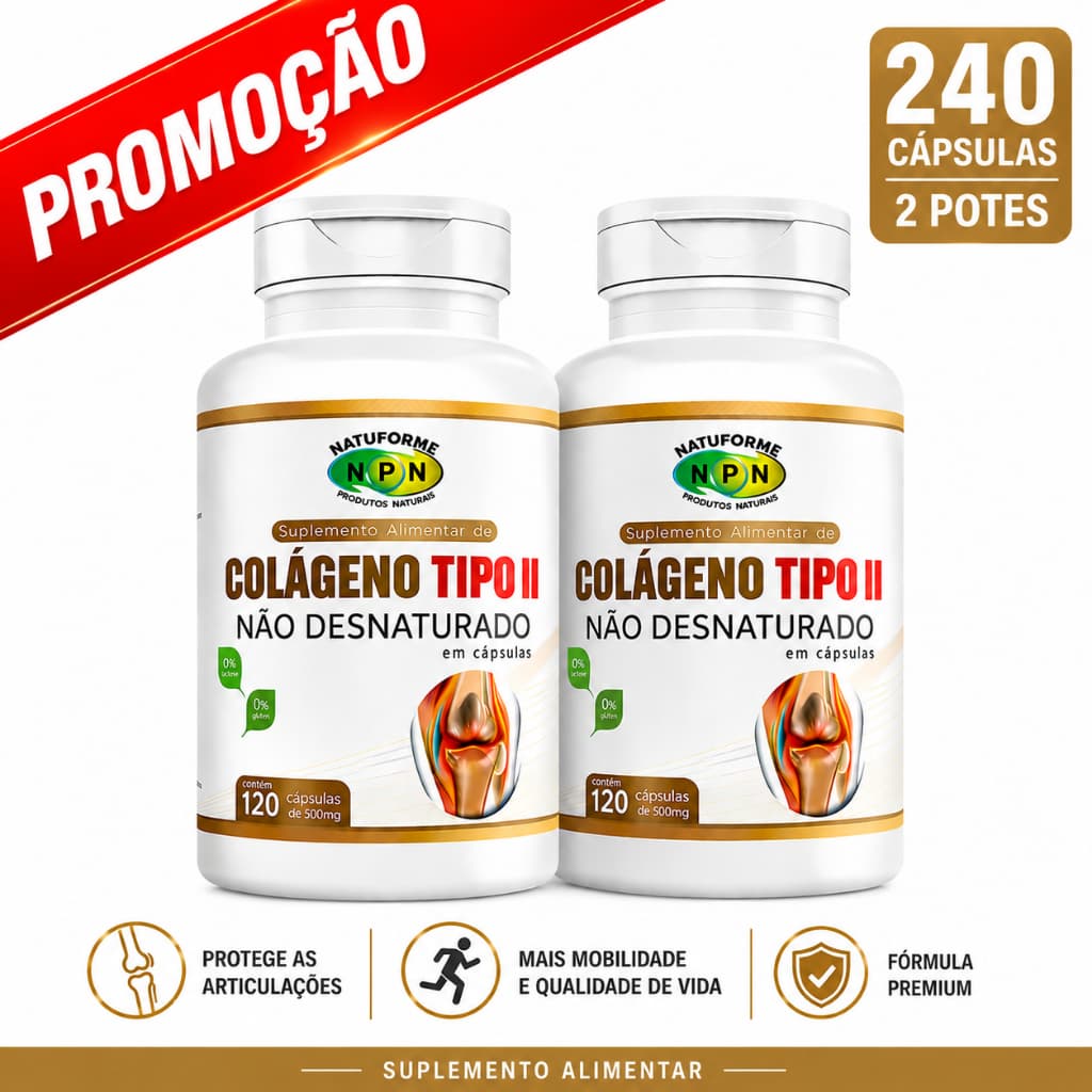 Colágeno Tipo 2 Não Desnaturado Puro Para Articulações E Ossos 120 Cápsulas - KIT COM 02 POTES