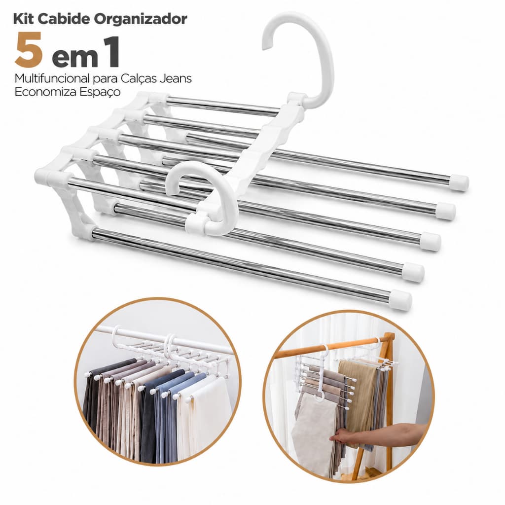 Kit Cabide Organizador 5 em 1 Multifuncional para Calças Jeans Economiza Espaço
