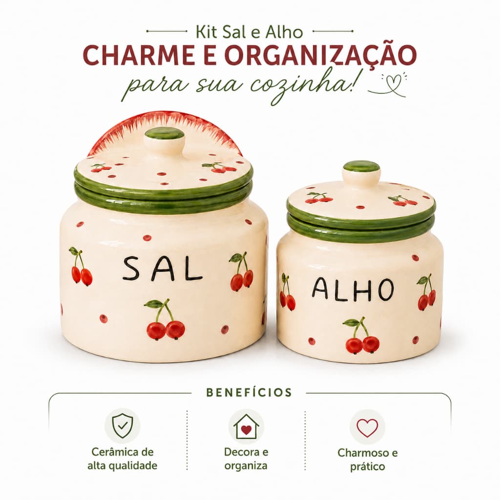 Porta Alho E Saleiro Cerâmica Artesanal Com Tampa Decorado  Presente Mesa Cozinha Gourmet E Bancada.