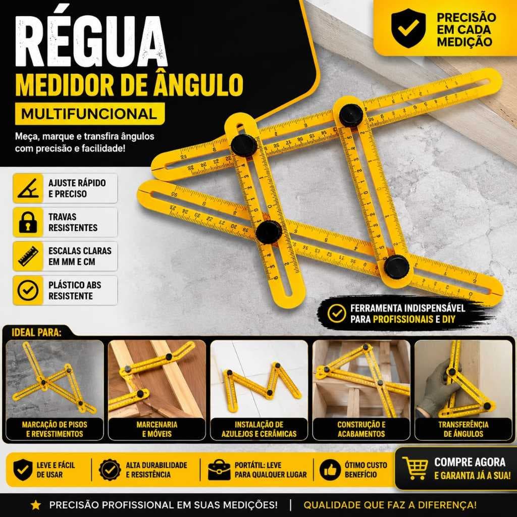 Régua Medidor de Ângulo Multiângulo Dobrável Gabarito para Piso, Porcelanato e Madeira