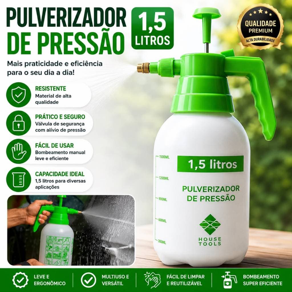Pulverizador de Pressão Manual 1,5L Borrifador Spray Multiuso Jardim Limpeza Carro Plantas