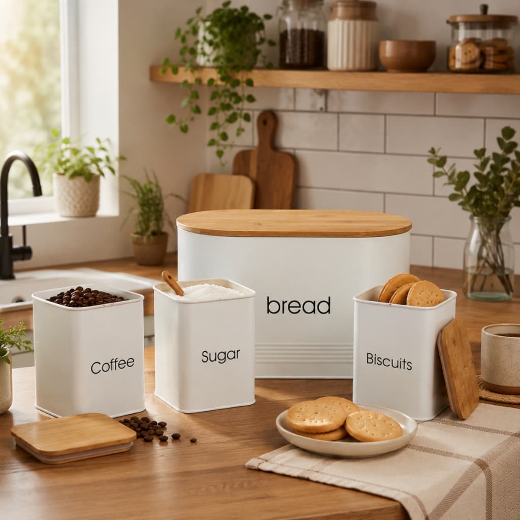 Conjunto Porta Mantimentos 4 Peças Cafe Açucar Pão Chá Aço Tampa Bambu Organização Cozinha