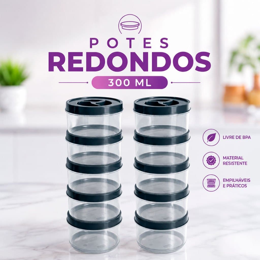 Jogo Potes Redondo 300ml Tampa com Rosca Transparente Bpa Free Tempero Doce Papinha