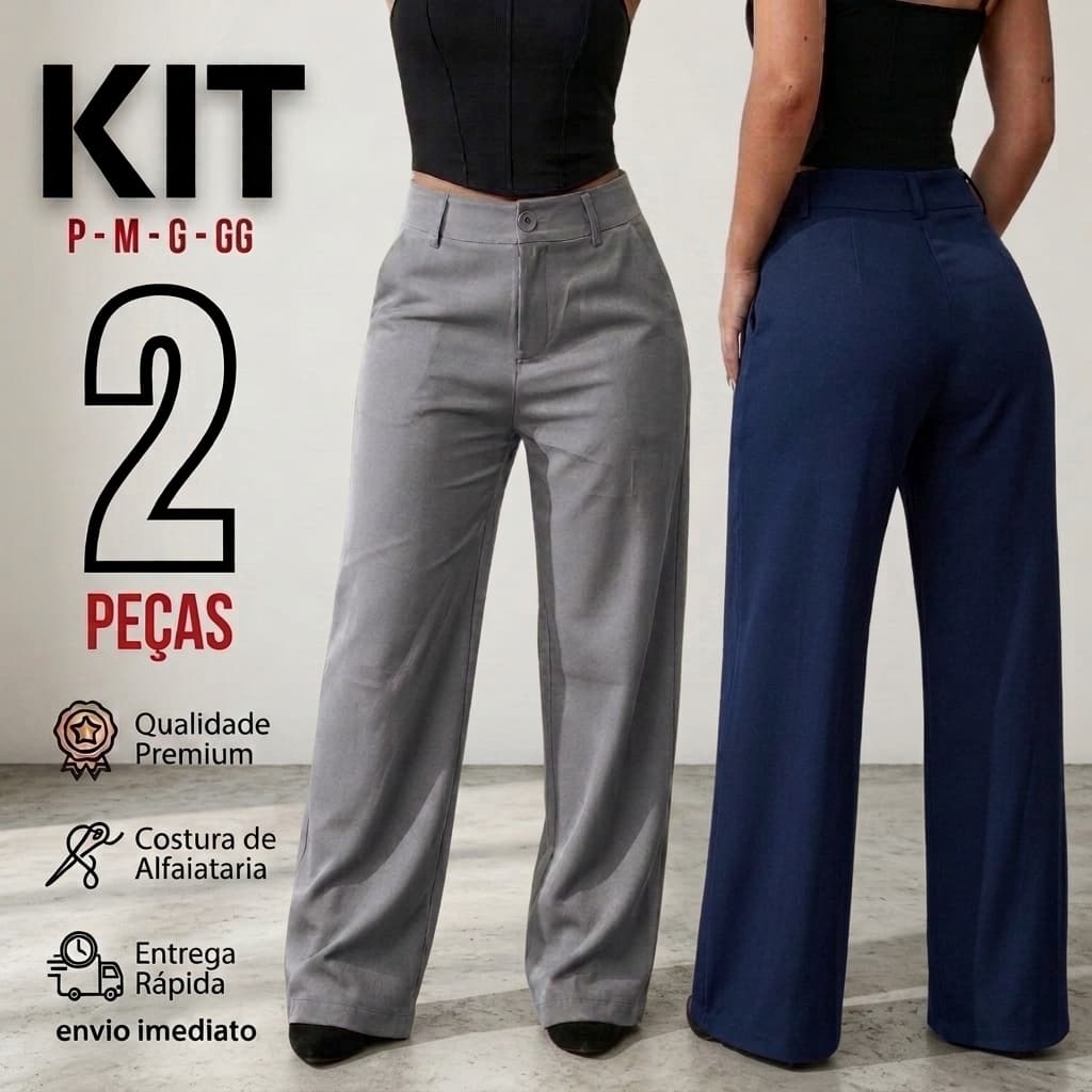Kit 2 Calça Alfaiataria Feminina PREMIUM Pantalona Wide Leg Social Cintura Alta Com Bolso PROMOÇÃO