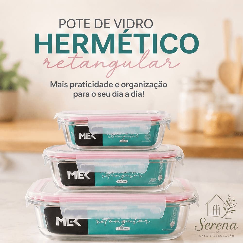 Kit Marmitas de Vidro Herméticas Retangulares 370ml + 630ml + 1000ml | Tampa com Trava e Vedação