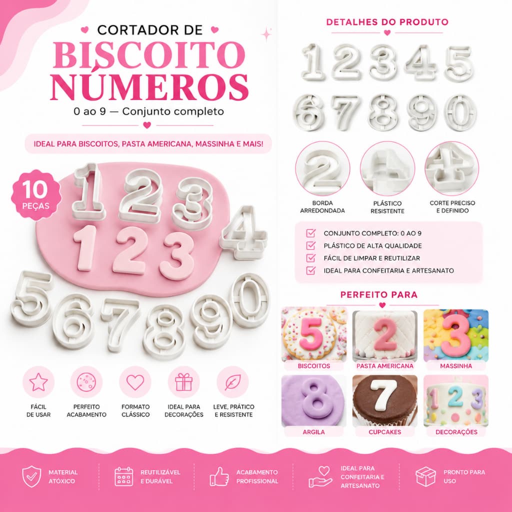 Kit Cortador de Biscoito Números 0 a 9 5cm Pasta Americana Biscuit Massinha Argila Impressão 3D