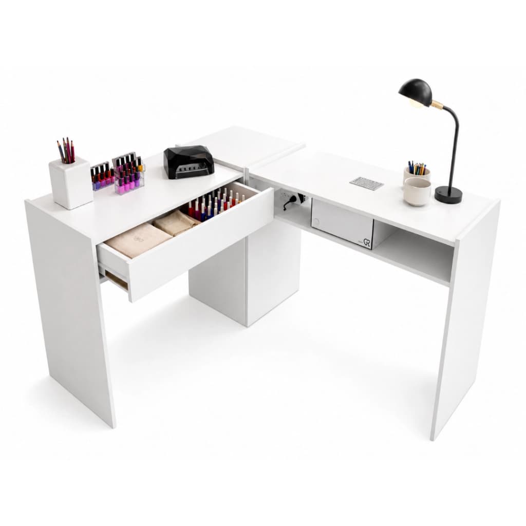 Mesa Manicure Em L Grande Completa Com Sugador De Pó Inbutido Em Branco Para Salão Spa Unhas Gel
