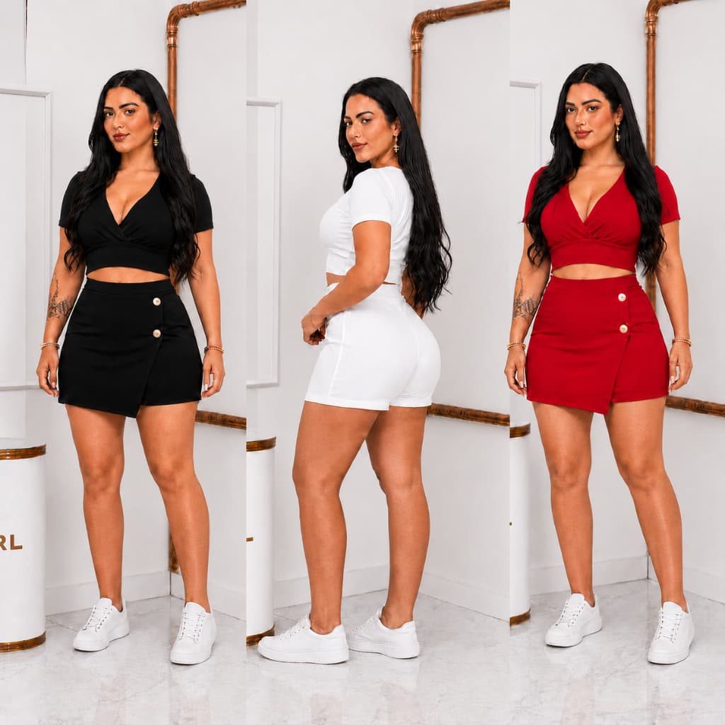 Conjunto Plus Size Feminino  - Short saia e Cropped Moda Verão P M G GG